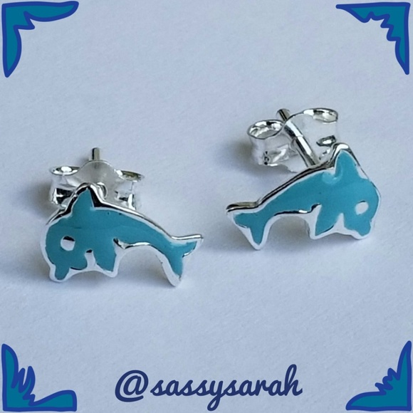 Dainty Sterling Silver Blue Enamel Dolphin Earring - Picture 1 of 7